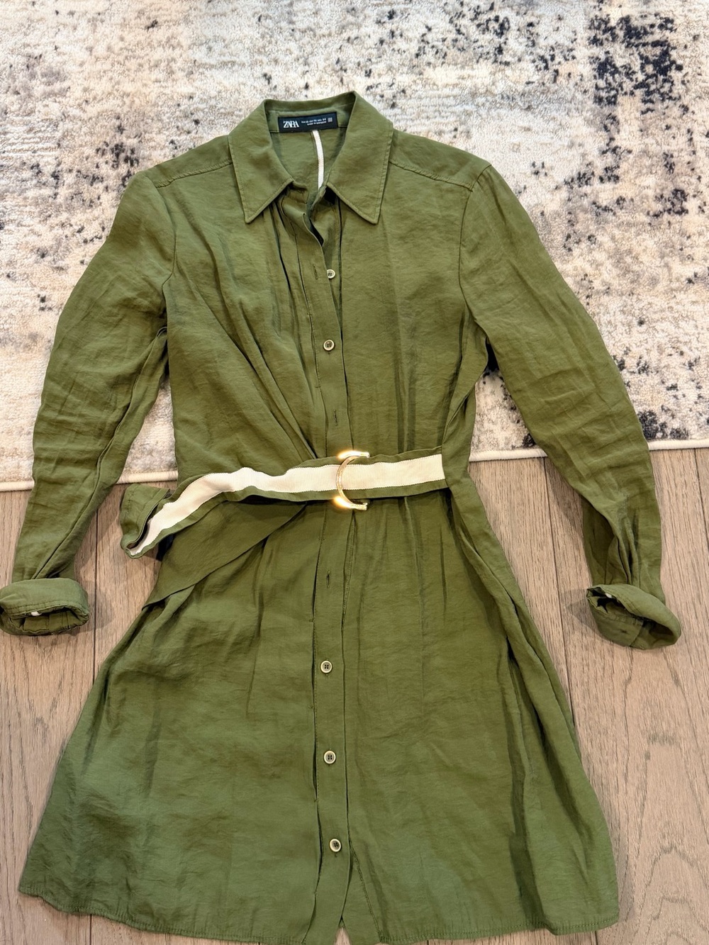 Zara Olive Green Long-Sleeve Shirt Dress with Contrast Belt